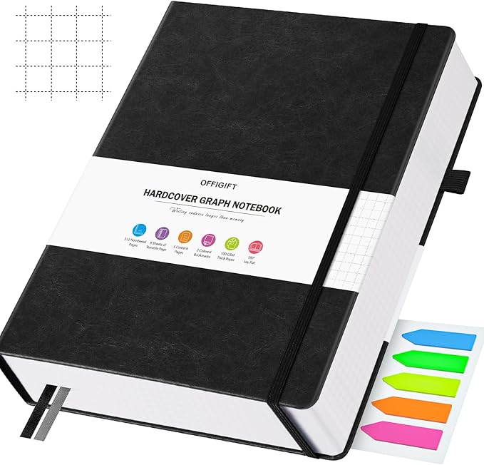 Graph Paper Notebook, 312 Numbered Pages Large A5 Hardcover Leather Journal, 100gsm No Bleed Grid Paper Notebook with Index Pages, Grid Notebook for Graphing Notes Math, 5.75" x 8.38", Black