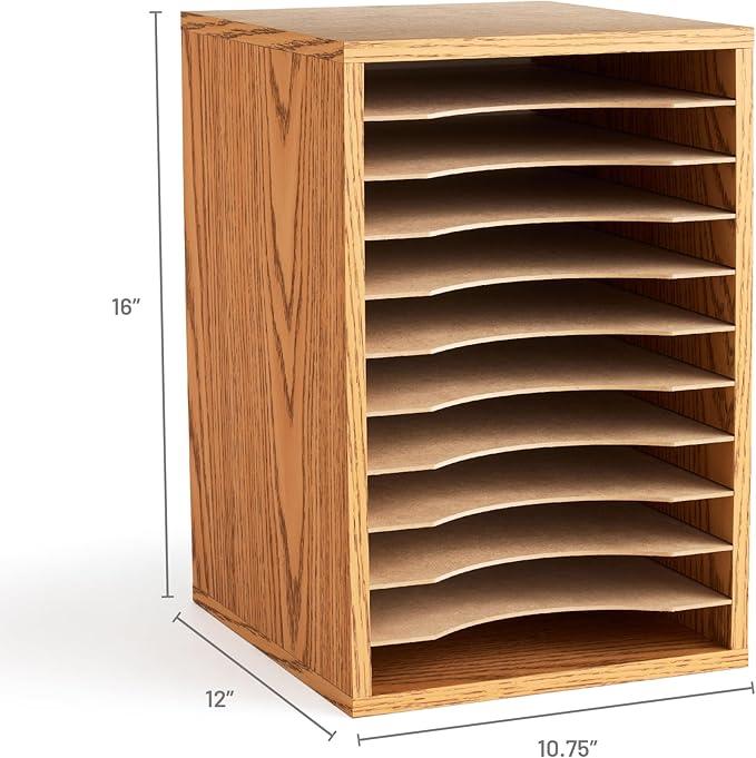 Safco Vertical Desktop Sorter, Wooden Paper Organizer for Home Office and Classroom, 11 Adjustable, Letter-Size Compartments, Medium Oak