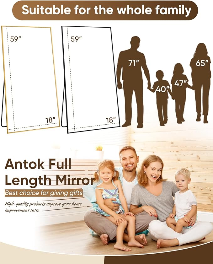 Antok Full Length Mirror, 59"x18" Floor Mirror, Floor Standing Freestanding Full Body Mirror with Stand for Bedroom, Hanging Mounted for Living Room Cloakroom, Black