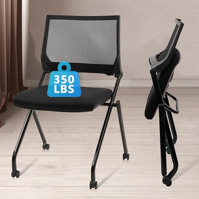CLATINA Stackable & Foldable Conference Room Chairs, Waiting Room Chairs with Wheels & Lumbar Support, Ergonomic Mesh Bouncing Back Folding Chair for Office Meeting Schools Training, Black
