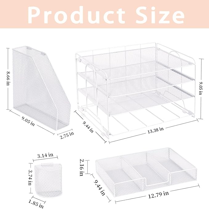 Desk Organizer and Accessories, 4-Tier Desktop File Organizer with Drawer and 2 Pen Holders, Office Desk Accessories for Office Supplies(White)
