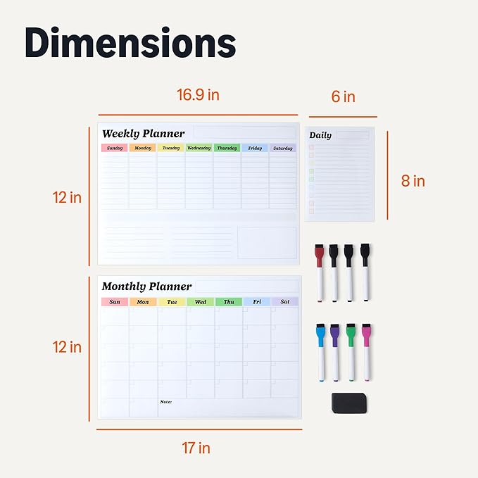 Amazon Basics Magnetic Dry Erase Calendar Whiteboard Set (3-Pack) for Fridge, 8 Markers and Eraser
