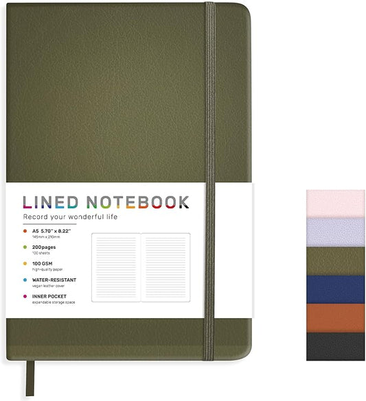 Lined Journal Notebook for Women Men, 200 Pages A5 Hardcover Leather Journals for Writing,Travel,School,Office,Work,Business,College Ruled Notebooks for Note Taking, Diary Notepad 5.7"×8.3"(Green)