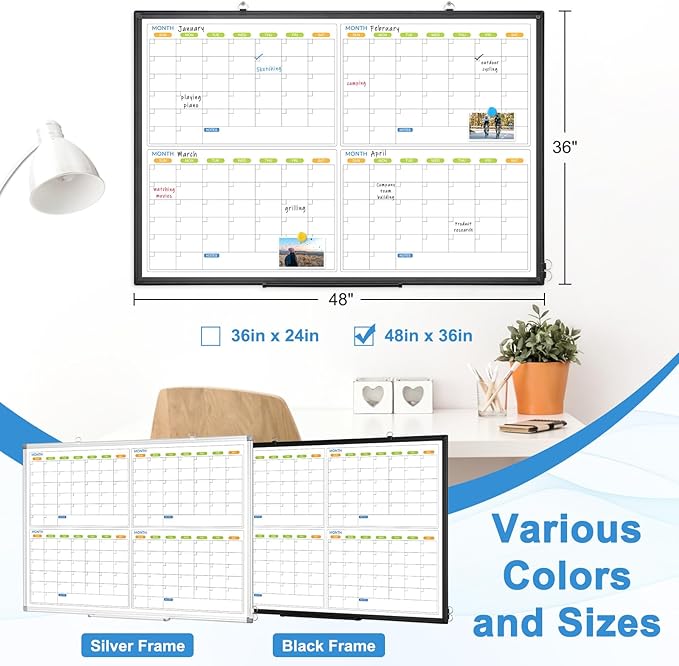 Dry Erase Calendar for Wall 4 Month, WALGLASS 48" x 36" Large Double-Sided White Board Calendar, Dry Erase Monthly Planner, Black Aluminum Frame Hanging Wall Mounted Whiteboard for Office Home School