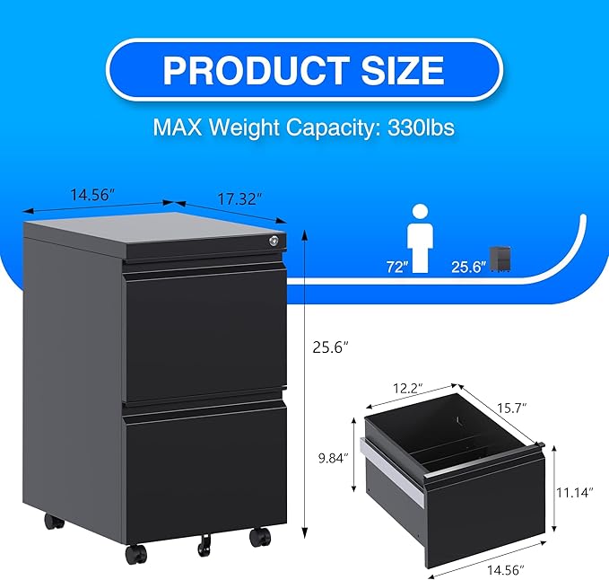 Aobabo 2 Drawer File Cabinet, Lockable Metal Filing Cabinet with Wheels for Home Office, Legal/Letter Size, Fully Assembled Except Wheels, Black