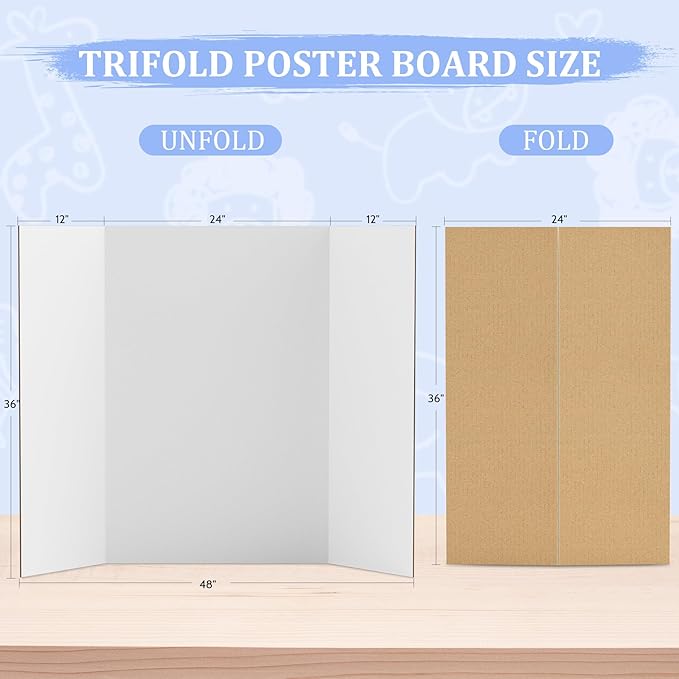 4 Pack 36" x 48" Trifold Poster Board for Presentation, White Corrugated Cardboard Large Tri Fold Poster Board for Science Fair, Office & School Projects, Photo Displays, Exhibitions Event