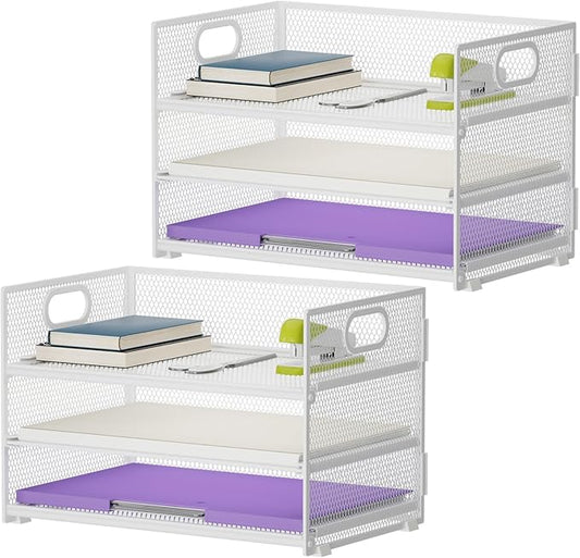 Marbrasse 3 Tier Paper Organizer Letter Tray, Mesh File Organizer with Handle, Paper Sorter Desk Organizer for Home Office Supplies - 2p Pink