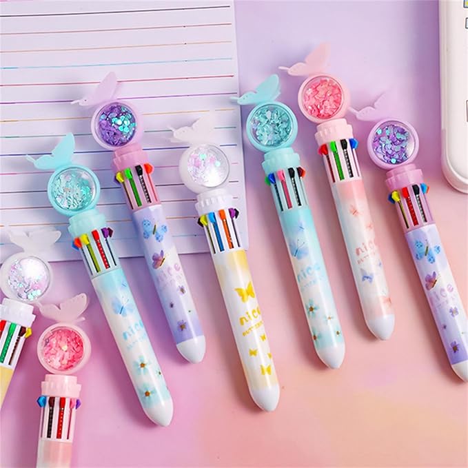 4pcs Set Multi-Color Shuttle Pens 10-In-1 Retractable Ballpoint Pen 0.5mm, Butterfly Design, Home Office School Supplies for Students Kids (4pcs Random Color)