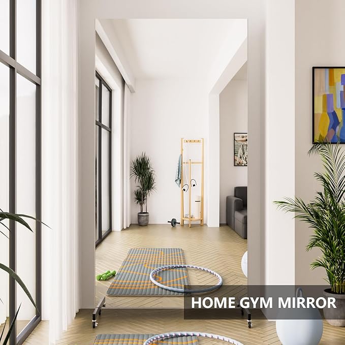 Brisafe Home Gym Mirror 71'' x 40'' - Rolling Safety Mirror for Dance Studio & Yoga, Ultra Clear Nano Material Full-Length, Oversized Shatterproof Floor Mirror With Wheels, 13LBS, White
