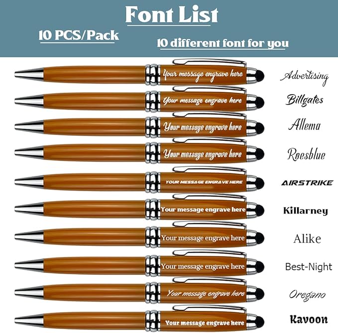 Ancolo Personalized ball Pens-Black Writing Set- Medium Point -Engraved with Name or Message, Team Name, Phone Number For journaling and office - Gift for Men and Women 10 Pens/Box