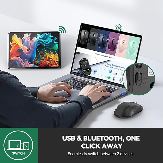 TECKNET Bluetooth Mouse, 4000DPI Silent Wireless Mouse for Laptop 2-in-1(BT5.0 & 2.4G) 5 Adjustable DPI, Compute Portable PC Mice with USB-A Receiver & 6 Buttons for Mac, 18 Months Battery