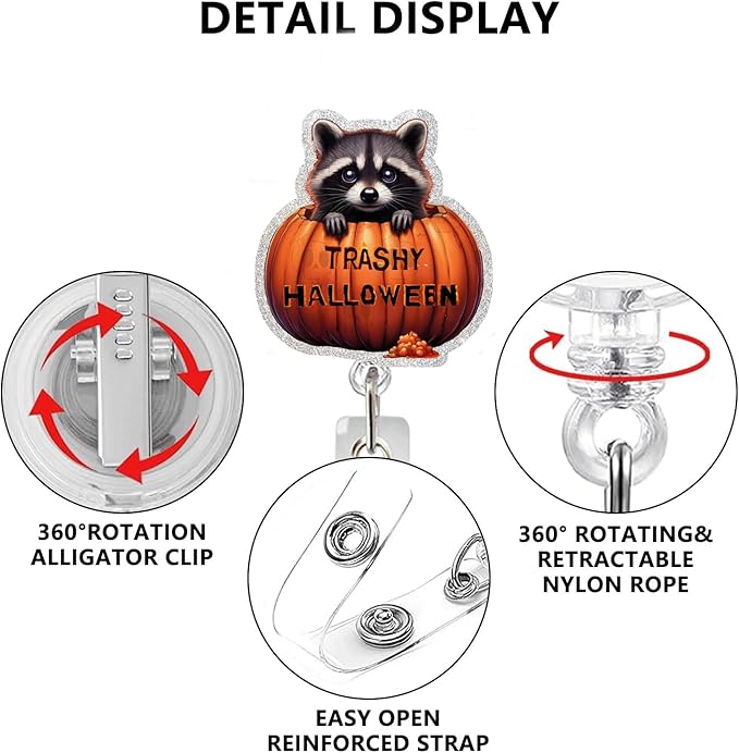 Halloween Badge Reel Retractable Cute Raccoon Name Tag Acrylic Alligator Clip Halloween Raccoon Sitting in Pumpkin Designs Badge Clip ID Spooky Badge Holder for Nurse Student Teacher