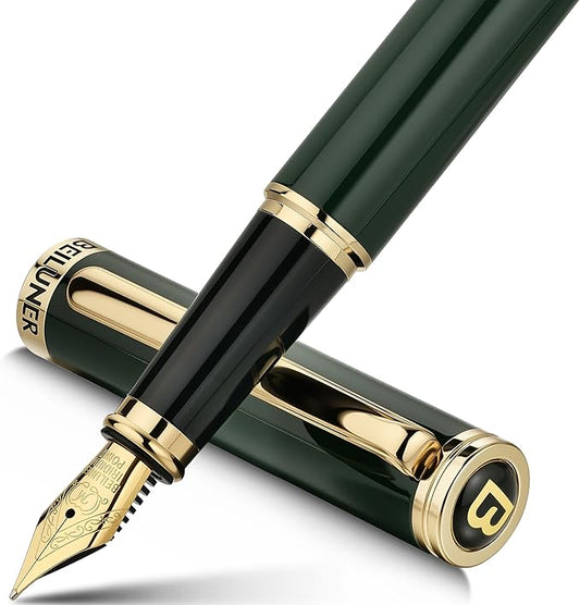 BEILUNER British Racing Green Fountain Pen,Stunning Luxury Pens with 24K Gold Accents, Gorgeous 24K Gilded Nib(Medium), Ink Converter, Pen Gift for Men&Women-Elegant, Reliable,Fancy for Writing