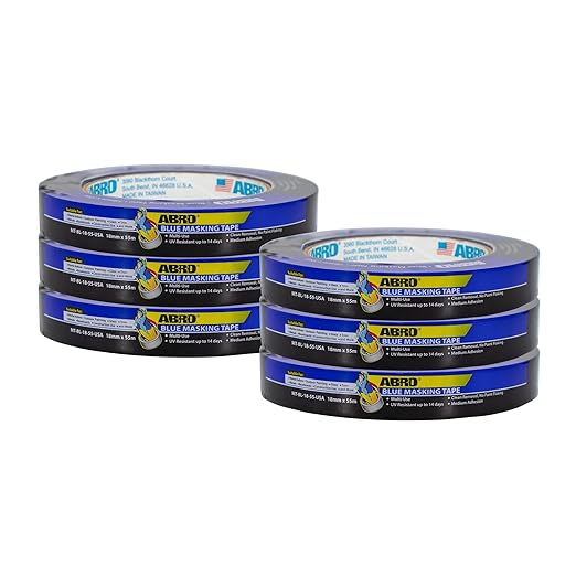 ABRO 6-Pack Blue Painters Tape: 18mm x 55M All Purpose Blue Tape, Temporary Labeling, Easy Tear, Clean Removal, Masking Tape Colored, DIY or Professional Use