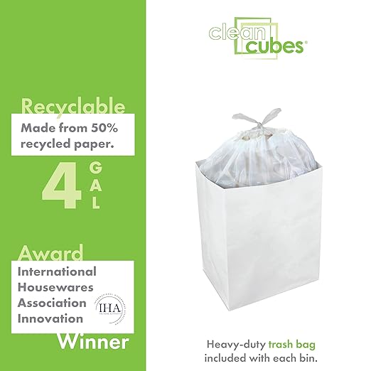 | 4 Gallon Disposable Trash Cans (6-Pack) with Fitted Trash Bags - Reusable Garbage and Recycling Bins for Parties, Events, and More (White - 12” Height x 10” Width x 8” Depth)