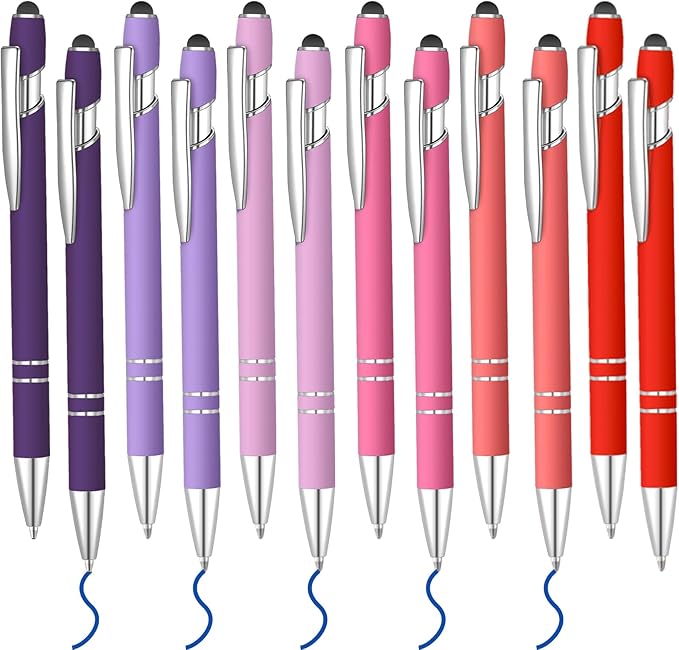 12 Pcs Blue Ink Ballpoint Pen with Stylus Tip, 1.0 mm Metal Pen Stylus Pen for Touch Screens, 2 in 1 Thank You Pen Gift for Friends, Colleagues, Coworker, Office, Family(Multi Pink)