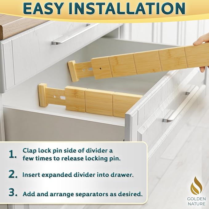 Bamboo Drawer Organizer - with Inserts & Labels, 17-22" - Adjustable Spring Loaded Kitchen Dividers for Utensils & Junk Storage - Expandable Silverware Separators for Organization