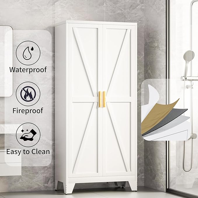 61H Metal Storage Cabinet with 2 Doors and 5 Shelves,Farmhouse Storage Cabinet with Barn Doors,Pantry Storage for Home,Office,Bathroom,Dining Room,Kitchen(White)