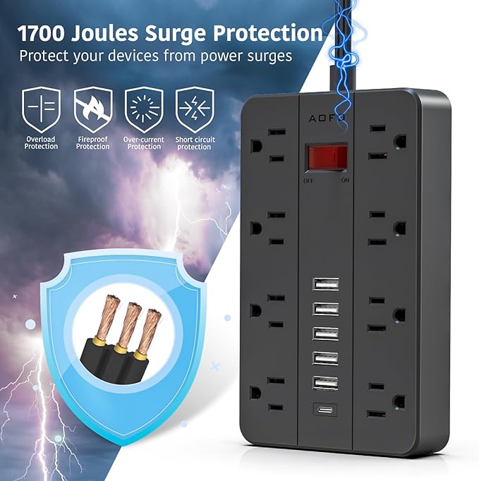 Surge Protector Flat Extension Cord Flat Plug Power Strip, AOFO 8 Widely Spaced Outlets and 6 USB Charger(1 USB C Port), 5 Ft, for Travel, Office, School, Dorm Room Essentials, Black