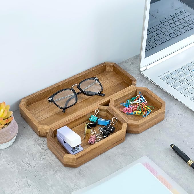 MyGift Premium Solid Acacia Wood Octagonal Desk Organizer Trays Office Stationery Holders, 3 pc Set