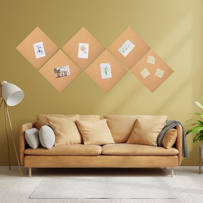 6 Pack Cork Bulletin Board 12 x 12 Inch - 1/2" Thick Cork Board Tiles,Self-Adhesive Frameless Cork Tiles Wall Decor with 50 PCS Pushpins for DIY, Office, School and Home Decor