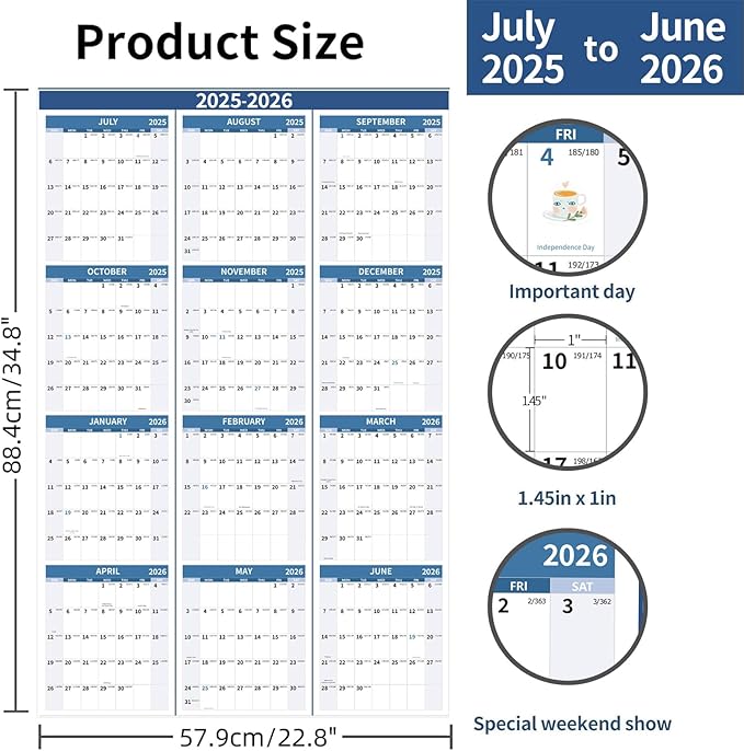 2025-2026 Wall Calendar 34.8" x 22.8" Large Vertical Yearly Wall Hanging Calenda with Julian Date from July 2025 to June 2026 Thick Paper Calendar 12 Month Annual Planner for Office Fridge(Grayish Blue)