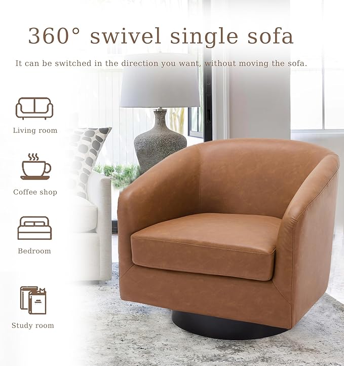 UIXE Faux Leather Swivel Accent Chair with Wood Base, Modern Upholstered Barrel Chairs for Living Room, Comfy Round Armchair Single Sofa Bedroom Reading Seat - 31" W, Brown