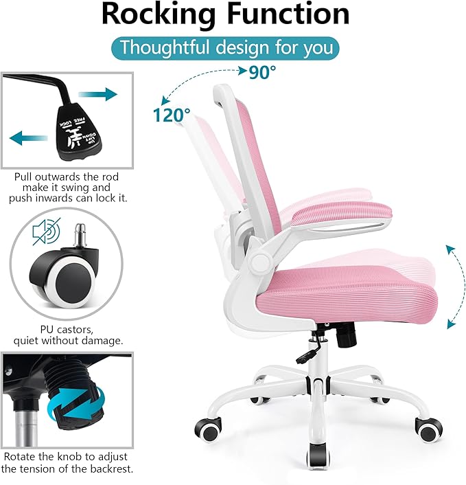 FelixKing Office Chair, Ergonomic Desk Chair Breathable Mesh Chairs with Adjustable High Back Lumbar Support Flip-up Armrests, Executive Swivel Comfy Task Computer Chairs for Home Office Pink