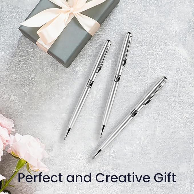Cambond Ballpoint Pens Metal Pen - Silver Pens Black Ink for Gift Business Men Police Flight Attendant 1.0 mm Medium Point Office Pen, 3 Pens with 3 Refills (Silver)