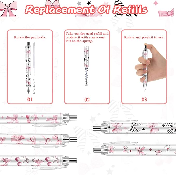 30Pcs Cute Pink Bow Pens Coquette Bow Ballpoint Pens Retractable Ballpoint Pens for Writing Journal Taking Notes School Office Home (Bow, 30)