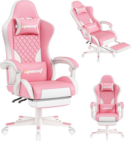 Gaming Chair,Ergonomic Computer Chairs for Adults with Footrest, PU Leather Office Chair with Adjustable Lumbar Support & Pocket Spring Cushion - Heavy Duty 400lb Capacity Gamer Chair (Pink)