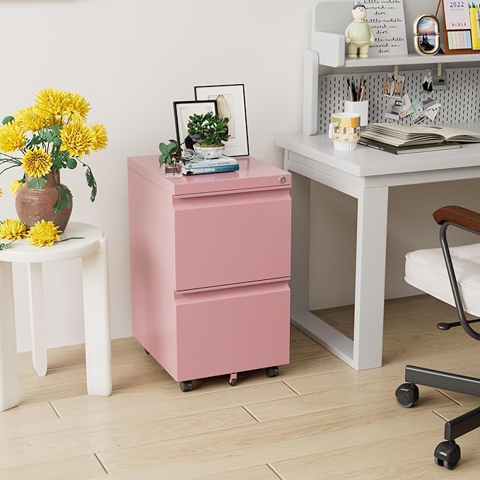 Aobabo 2 Drawer File Cabinet, Lockable Metal Filing Cabinet with Wheels for Home Office, Legal/Letter Size, Fully Assembled Except Wheels, Pink