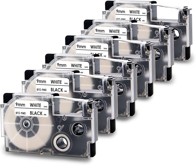 Absonic XR-9WE2S 9mm Label Tape Replace for Casio Xr-9we Label Maker Tape Use with Casio Label Printers KL-120 KL-60 KL-100 KL750B KL750 KL7200,6-Pack