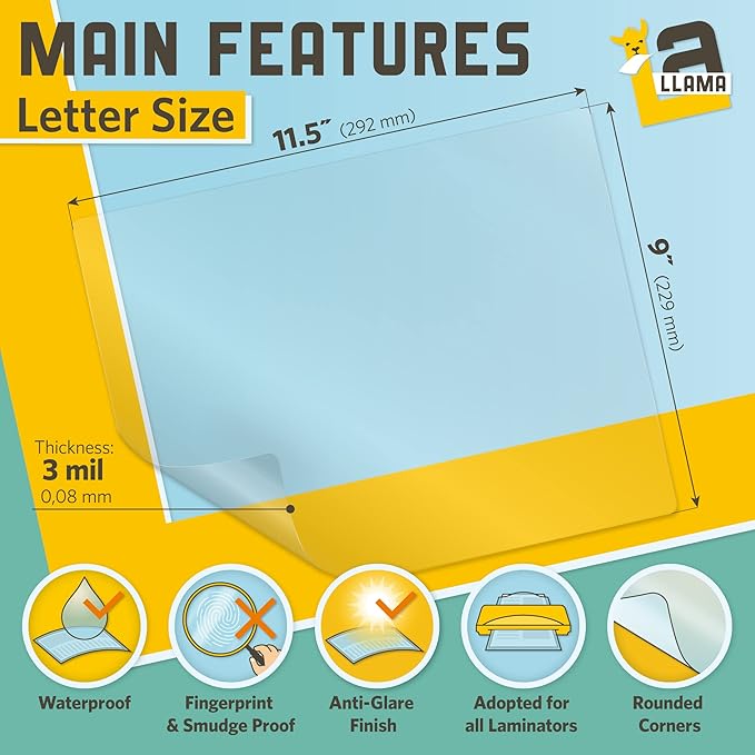 Matte Thermal Laminating Pouches, 9 x 11.5 Inches, 3 Mil Thick, Matte Finish, 50 Pack, Fitted for Letter Size Laminating Sheets 8.5 x 11
