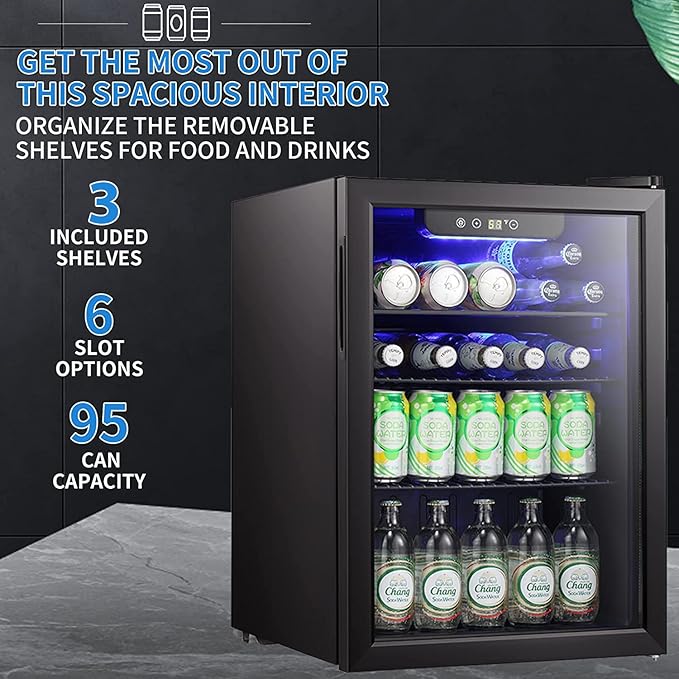 Antarctic Star Mini Fridge-95 Can Beverage Refrigerator Wine Cooler Clear Front Glass Door Small Drink Touch Screen for Soda Beer Bar Office Home 2.6 cu.ft