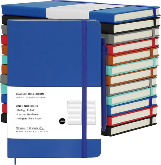 Coopay 12 Pack A5 Journal Notebook with 12 Pens Bulk Classic Ruled Hardcover Leather Journal Set with Pen Holder for Men Women Writing, Office, Home, School, College, Business, 8.3” x 5.5” (6 Colors)