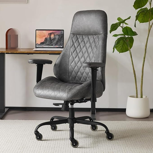 YFO Home Office Desk Chair High Back Office Rubber Chair Casters Ergonomic Computer Chair with Lumbar Support Adjustable Height Rolling Swivel Chair Executive Task Armrests, Grey Leather