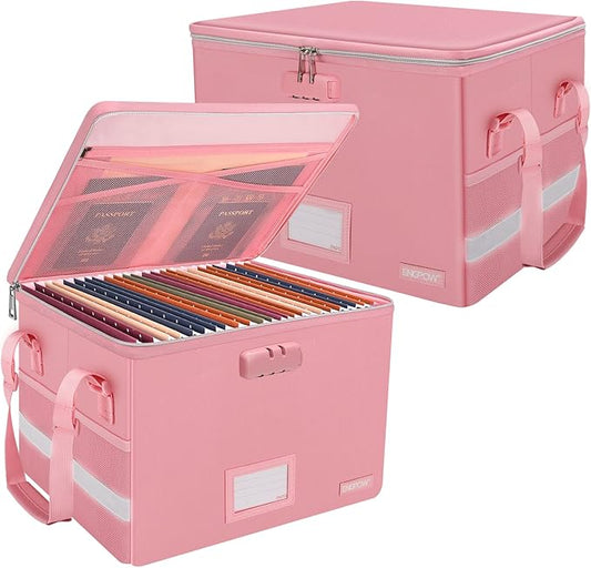 ENGPOW File Box with Lock, Fireproof Document Box with Pockets, Collapsible File Organizer Filing Storage Cabinet with Handle, Portable Home Office Safe for Hanging Letter/Legal Folders, Pink, 2 Pack