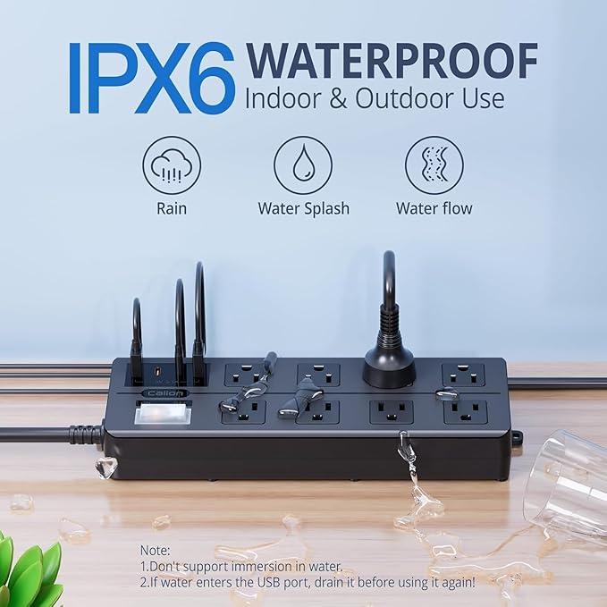 IPX6 Outdoor Power Strip Weatherproof, Waterproof Surge Protector with 8 Wide Outlet with 2A2C USB Ports, 15FT Long Extension Cord, Wall Mountable for Outside Decorations and More UL Listed(Black)