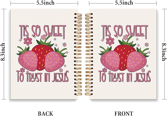 JXREQ Pink Strawberry Christian Bible Journal Notebook, Prayer Journal for Women, Scripture Journal, Church Notes Notebooks, Tis So Sweet to Trust Jesus 5.5x8.3
