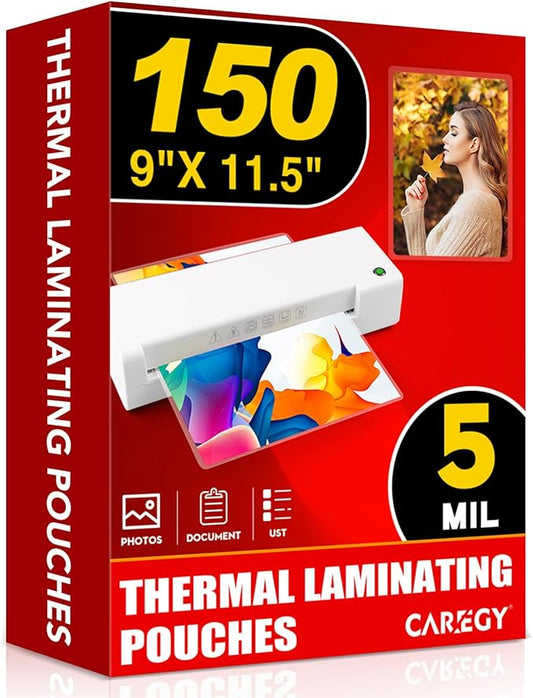 CAREGY Thermal Laminating Pouches,150 Pack Laminating Sheets, 5 Mil, 9 x 11.5 Inches Lamination Sheet Paper for Laminator, Round Corner Letter Size, Office and School Supplies