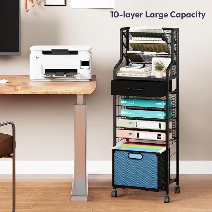 SWTYMIKI 10-Tier Rolling File Cart - Mesh Paper Organizer with Drawer and Hanging File Folders on Lockable Wheels, Wood Teacher Cart for Office Organization, Storage in Home, Studio, School (Black)