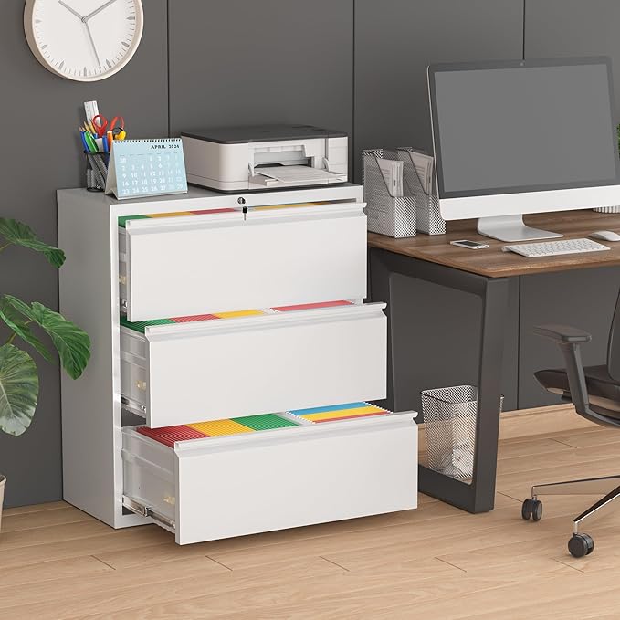 Superday Lateral File Cabinet 3 Drawer Metal File Cabinet with Lock, White Filing Cabinets for Home Office, Locking Filing Cabinets Hanging Files Letter/Legal/F4/A4