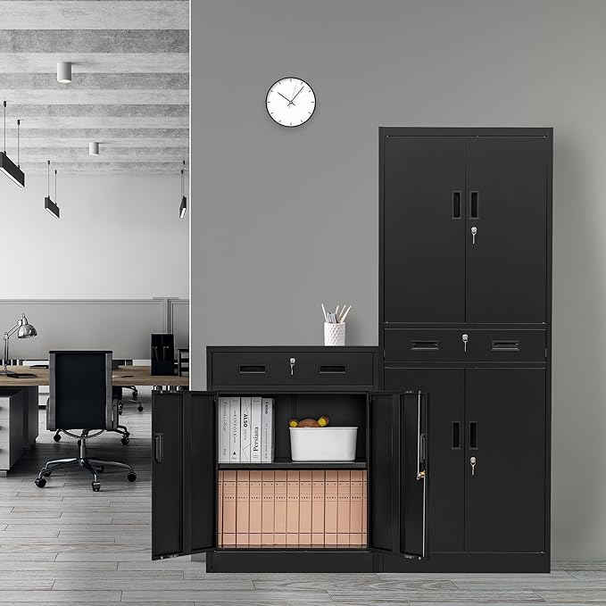 BESFUR Locking Storage Cabinet, Metal Cabinet with Oversized Drawer, Office Storage for Home, Garage, School - Black