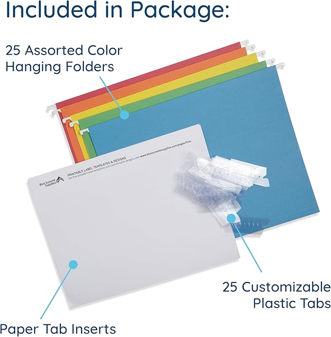 Blue Summit Supplies 25 Colored Hanging File Folders Letter Size with Tabs, Colored File Folders Hanging, Assorted Colors, Reinforced for Office Filing and Organization