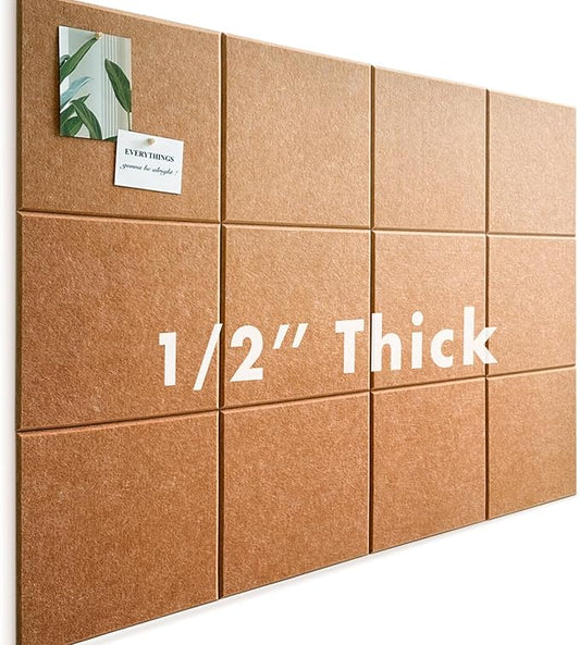 Large Cork Board for Office Wall Decor,48"x36"-12 Pack Felt Wall Tiles with Safe Removable Adhesive Tabs, 1/2" Thick, Felt Bulletin Board Pin Board Cork Boards for Walls - Copper