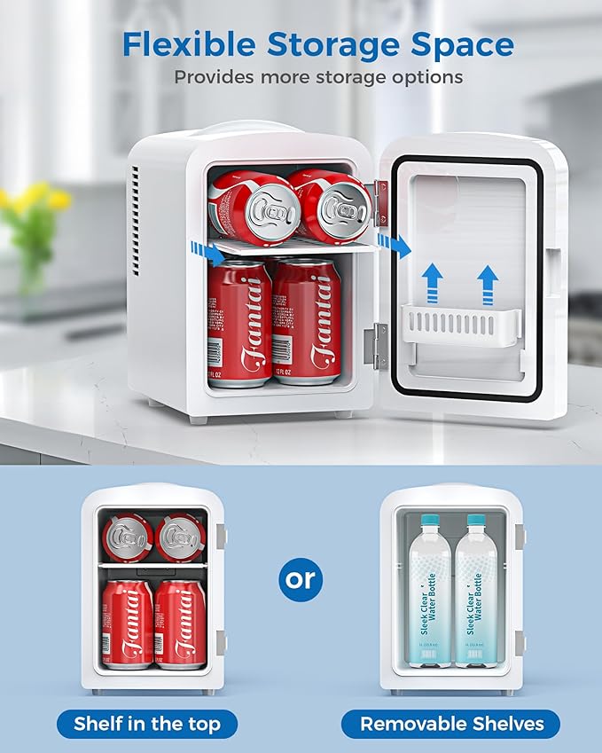 4L/6 Cans Mini Fridge, Portable Compact Refrigerator, Small Skin Care Fridge, Food and Drinks, Small Cooler for Bedroom, Dorm, Car, Office, White