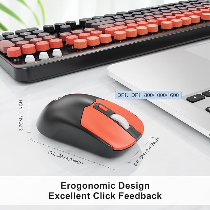 Wireless Keyboard and Mouse Combo, 104 Round Keys Cute Colorful Keyboard and Mouse with Retro Typewriter for PC/Mac/Laptop/Tablet/Computer/Windows Black Red