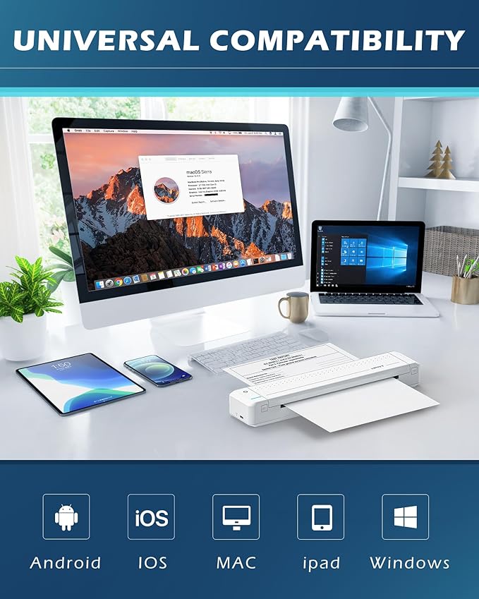 HPRT Portable Printer Wireless Bluetooth Connection MT866 Thermal Inkless Mobile Support 8.5'' X 11'' US Letter, Compatible with iPhone Android MacBook Windows Laptops (Upgraded Version), white