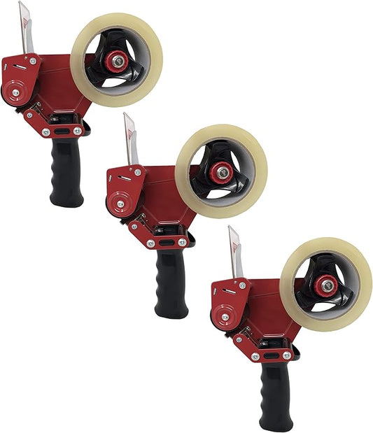 Clipco Premium Tape Dispenser Gun with Retractable Safety Blade and Tape Included (Pack of 3) (Red-Black)
